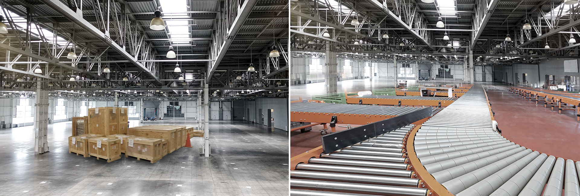 Two pictures of a conveyor belt in a warehouse.